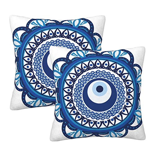 Pack Of 2 Cozy Polyester Cotton Throw Pillow Cases Covers For Couch Bed Sofa Office Farmhouse Decoration Evil Eye Mandala Style 18 X 18 Inches Printed Both Sides Cushion Covers Blue-Green #TOP14