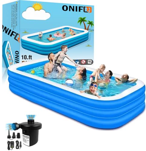Image of 10ft Inflatable Family Swimming Pool for Kids & Adults | Rectangular Outdoor and Indoor Pool with Electric Pump | Easy Inflate & Deflate | Garden, Backyard & Summer Party Pool - Blue