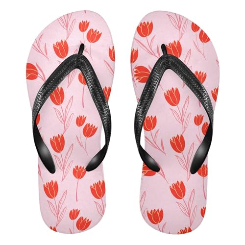 Sinestour Red Flower Pink Flip Flops for Beach Thong Sandals Anti-slip Lightweight Beach Slippers for Summer Travel Swim