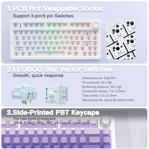 Image of AULA F75 Pro Wireless Mechanical Keyboard,75% Hot Swappable Custom Keyboard,RGB Backlit,Pre-lubed Linear Switches,Side Printed PBT Keycaps Mechanical Gaming Keyboards,Gradient Purple