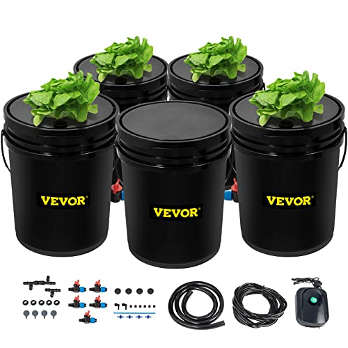 VEVOR DWC Hydroponic System, 5 Gallon 5 Buckets, Deep Water Culture Growing Bucket, Hydroponics Grow Kit with Pump, Air Stone and Connected Reservoir, for Indoor/Outdoor Leafy Vegetables
