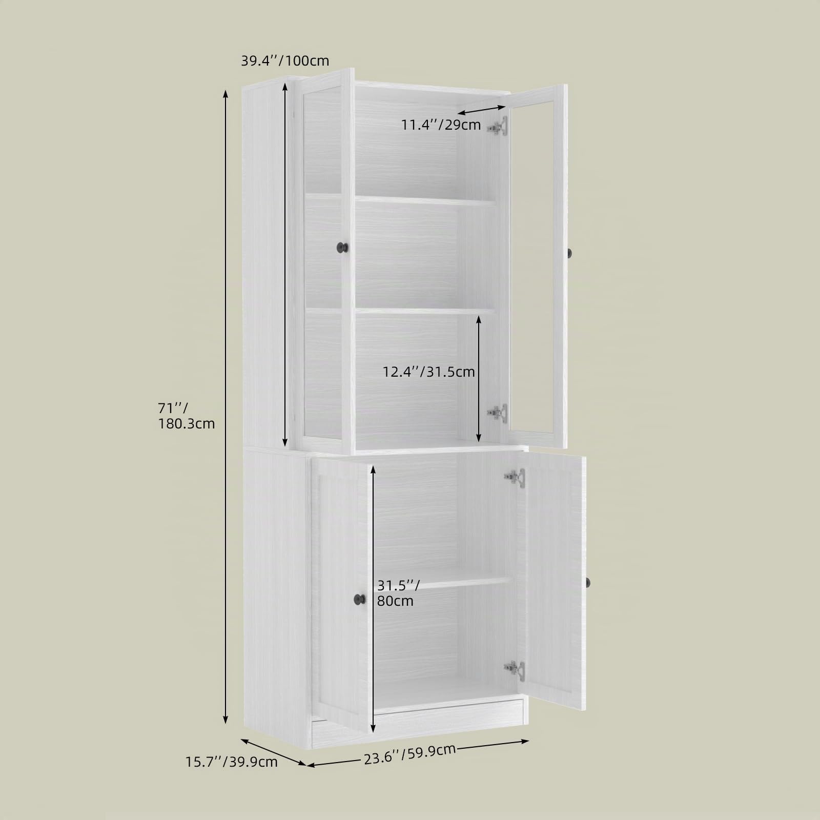 VOWNER 5-stöckiges Bücherregal mit Glastüren, 180 cm Vitrinenschrank, Küchenschränke, Küchenschrank Hochschrank, Buffetschrank für Küche, Wohnzimmer, Esszimmer, A (Weiß, 1PCS)