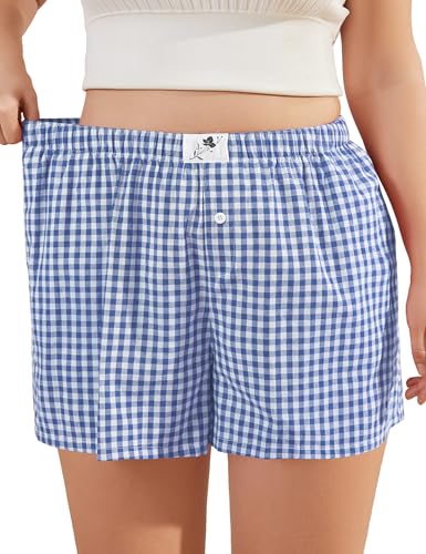 Image of COOTRY Plus Size Women Boxer Shorts Cotton Plaid Gingham Shorts Casual Pajama Sleep Shorts Y2K Beach Bottoms