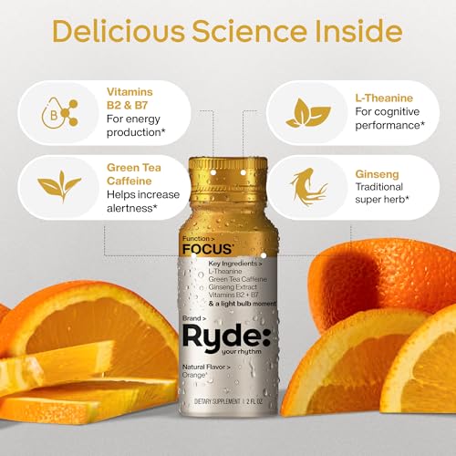 Image of Ryde: Focus Shot | Orange Flavor | L-Theanine & Ginseng | Green Tea Caffeine | Vitamins B2 & B7 | 0 Calories, 0 Sugar | 2 FL OZ Shots | Supports Focus* (8 Pack)