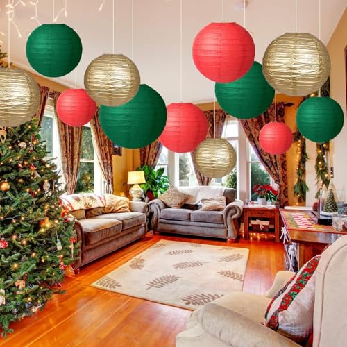 Image of Green Red Paper Lanterns Decorative 12pcs Christmas Hanging Decorations for Graduation Anniversary Birthday Party