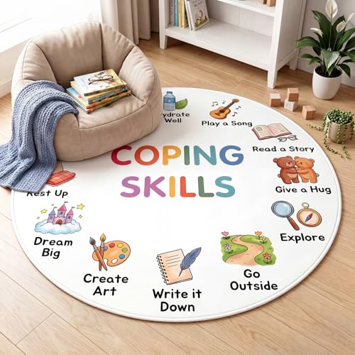 Klyyo Clyro Calming Corner Items 4 ft Calming Corner Rug Circle Cozy Corners Rug Washable Soft Calm Down Mat Mental Health Floor Mat for Counseling Office Playroom Floor Decor(Coping Skills)