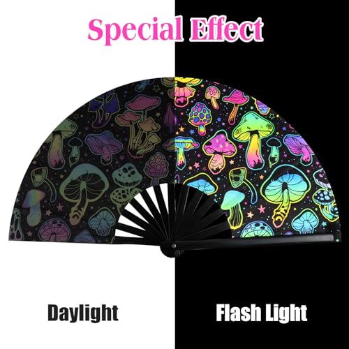 Image of FairySandy Large Rave Fan UV Glow Clack Summer Hand Fan with Thigh Holster for Women Carnival Party Supplies for Carnival Edm Music Festival Club Accessories(Reflective Mushroom,Bright Color)