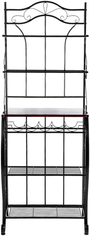 5-Tier Black Metal Cappuccino Finish Shelf Kitchen Bakers Rack Scroll Design with 5 Bottles Wine Storage - Standing Baker's Racks