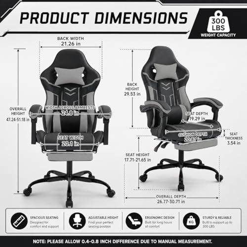 Image of Gaming Desk Chair for Adults, Ergonomic Gaming Chair with Footrest & Headrest and Lumbar Support, Leather Material Height Adjustable Computer Video Game Chairs (Black+Gray)