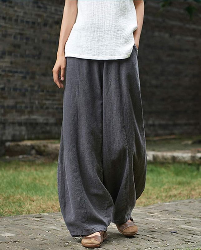 Cotton Linen Pants for Women Wide Leg Elastic Waist Baggy Pants Casual Loose Palazzo Pants Trousers with Pockets3