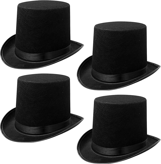 4 Pack Top Hats, Black Costume Top Hat Felt High Crown Top Hat for Halloween Magician Circus Ringmaster Dress Up Party Accessory