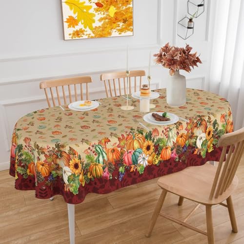 ZORKET Fall Tablecloth Oval 60 x 84 Inch, Autumn Pumpkin Thanksgiving Harvest Table Cloth Oval Fall Tablecloth