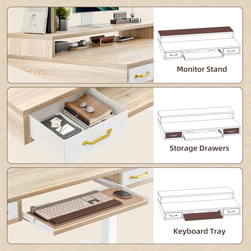 Image of TIQLAB Standing Desk with Two Drawers, Stand Up Standing Desk Adjustable Height, Electric Sit Stand Table with Storage Shelf and Splice Board, with LED Light, 47 * 28 inch, Maple