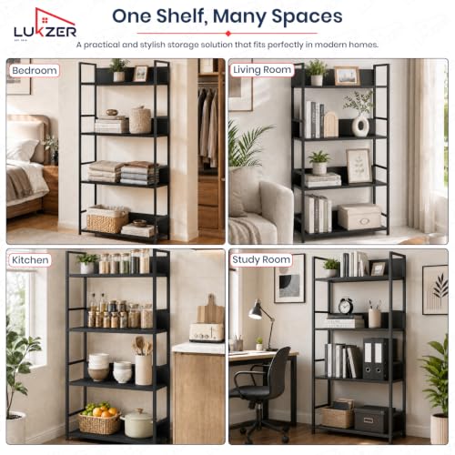 Image of Lukzer 4-Tier Multipurpose Kitchen Organizer Rack (MMR-001 /Black & Black) Metal Frame with Engineered Wood Storage Rack, Bookshelf Stand for Living Room, Bedroom & Office (112 x 58.5 x 23.5 cm)