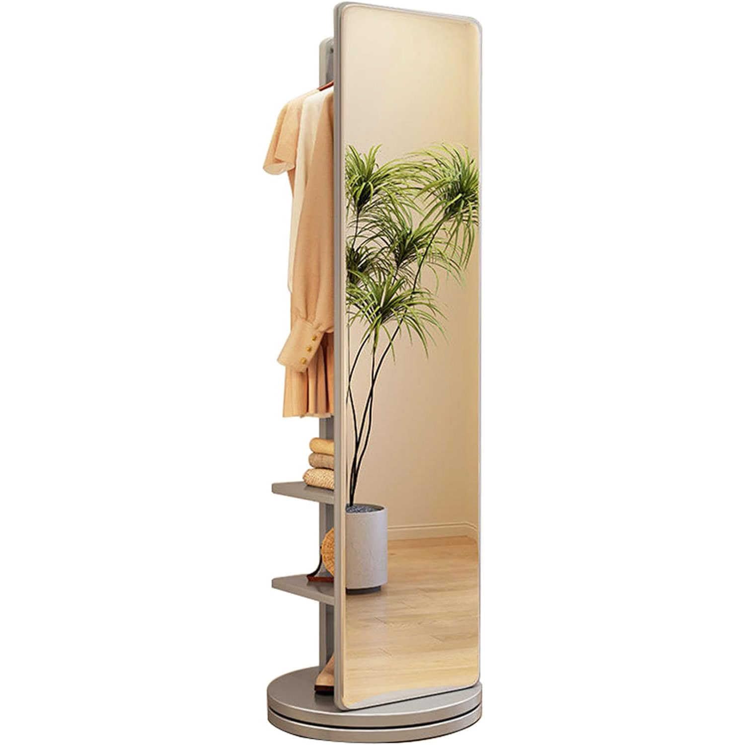 360° Rotating Wood Coat Rack With Full Length Mirror, 2-In-1 Floor Mirrors And Coat Rack, Living Room, Bedroom, Cloakroom Mirror
