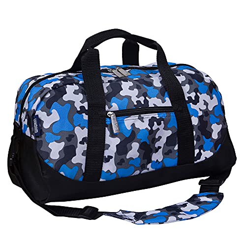 Image of Wildkin Kids Overnighter Duffel Bag - Carry-On Travel Bag for School & Sleepovers, Lightweight, Durable, Boys & Girls Ages 4-15 - Blue Camo