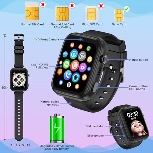 OKYUK 4G Smartwatch für Kinder, GPS-Tracker, mehrere Desktop-Stile zur Auswahl, Zwei-Wege-Anrufe, Bildkompetenz, SOS, WLAN, wasserdichter Touchscreen für 4–12 Jungen und Mädchen (T45 Schwarz)