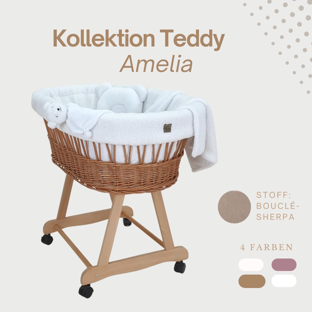 Łóżeczko dziecięce Amelia – naturalne ręcznie tkane Mojżesz ze stojakiem i materacem – 5-częściowy zestaw pościeli Teddy w kolorze białym, przenośny, koła, idealny dla noworodków