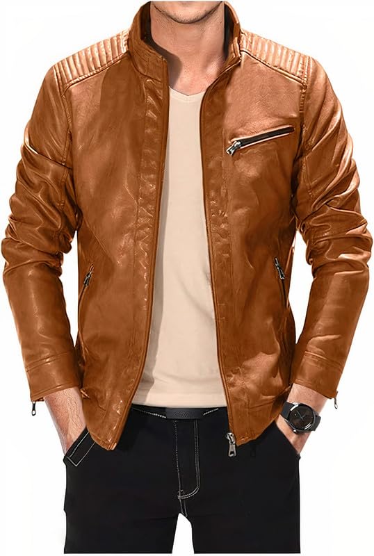 Image of Leather Retail Men Brown Faux Leather Biker Jacket with Zipper Pockets