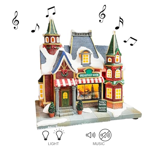 MOMENTS IN TIME Lighted Christmas Village Building Breakfast Nook LED Lights Music Battery Operated Plays 8 Holiday Songs Optional 4.5V Adapter Gift Wrapped Ready Décor - Image 4