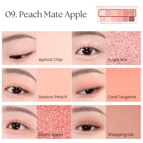 Image of CLIO Pro Eye Palette Air, 12-Color Eye Shadow Palette, Matte Shimmer Mix, Air-Fit Blendable Pigmented Buildable Color, Low Fallout, Peach Coral Neutral Tone, Daily Korean Makeup (09 PEACH MATE APPLE)