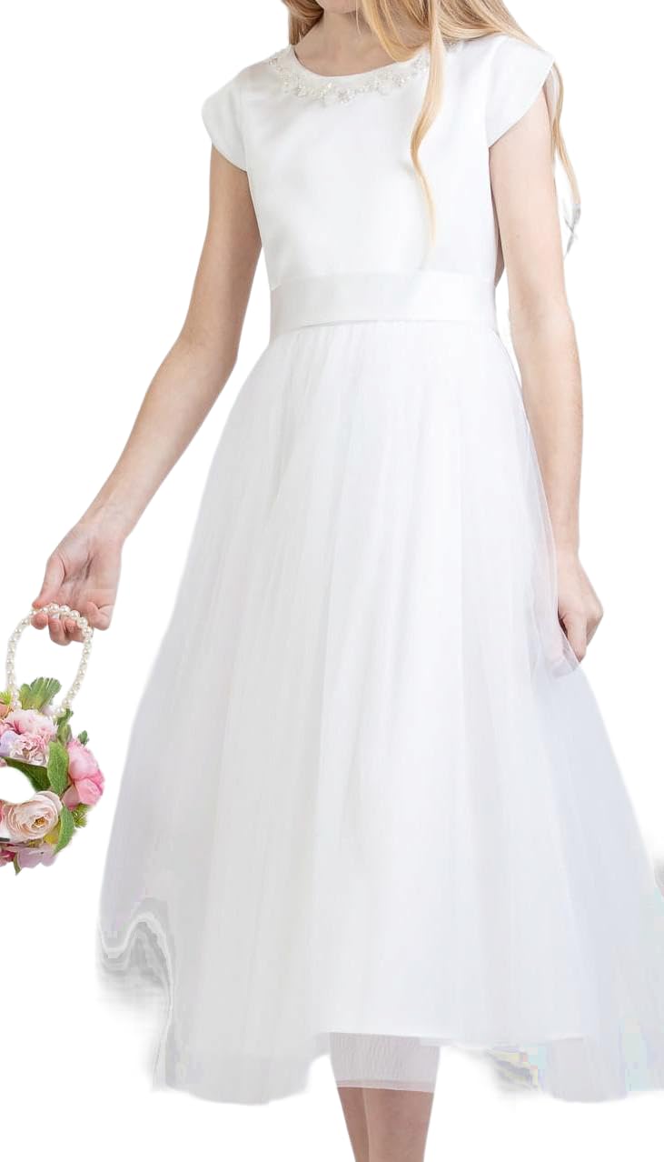 Zoya Festliches Tüllkleid für Mädchen Ida mit Schleife und Glitzersteinen Kommunionkleid für Hochzeit Kommunion Taufe