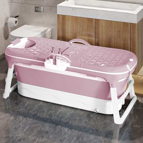 Bañera de plástico, bañera independiente plegable para adultos, 118 x 60 x 53 cm, portátil, con tapa y cesta de jabón, para baño y ducha (rosa)