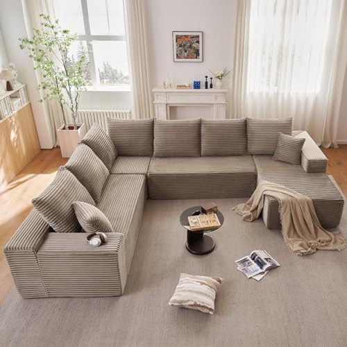 Image of Oversized Modular Sectional Sofa Couch, Large 6 Seater Corner Sofa Modern U Shaped Sectional Couch Cloud Couches for Living Room, Office, Spacious Space, Corduroy, No Assembly Required, Camel