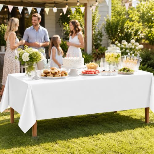 Image of 6 Pack White Plastic Tablecloths, 54 x 108 Inch Disposable Covers | Ideal for Weddings, Bridal Showers, Birthdays and Graduations, Helping Protect Tabletops and Simplify Event Cleanup