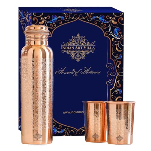 INDIAN ART VILLA Pure Copper Drinkware Gift Set – Embossed Design with 1 Bottle (900 ML) & 2 Glasses (300 ML) in a Blue Box – Gifting Item for Diwali, Weddings, and Festive Occasions