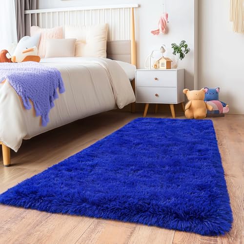Runner Rugs for Bedroom, 2x6 Fluffy Throw Area Rug Non Slip for Bedside Dorm Hallways, Long Soft Shag Carpet for Nursery Living Room, Royal Blue