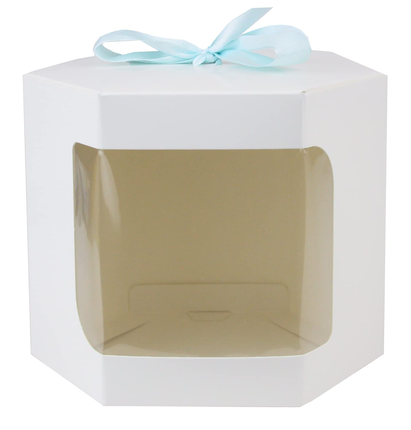Emartbuy Strong Paper Stand Up Hexagon Gift Bag, 13 cm x 13 cm x 14 cm, White Kraft Bag Cupcakes Cookies Muffin Pie Box with Clear Window and Light Blue Ribbon - Pack of 12 — image 1