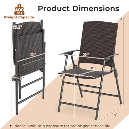 Image of Tangkula Outdoor Folding Chairs Set of 2, Patio PE Wicker Dining Chairs with Armrests and Metal Frame, Portable Lawn Chairs for Garden, Porch, Balcony and Camping, Fully Assembled (1, Mix Brown)