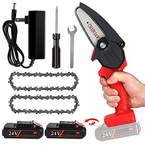 Mini Chainsaw, 4-Inch Cordless Chainsaw Portable Chain Saw, 2 Chains, One-Hand Operation Pruning Shears Chainsaw for Tree Branch Trimming Wood Cutting Gardening