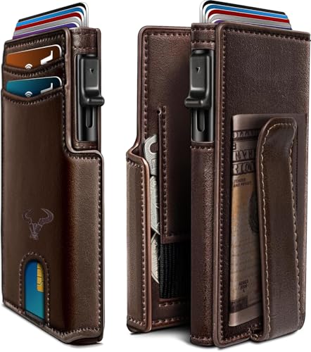 Image of VOGARD Slim RFID Blocking Wallet for Men | Pop-Up Card Holder with Money Clip & Coin Pocket | Magnetic Flip Leather Wallet | Holds 9 Cards, Cash & Keys | Coffee