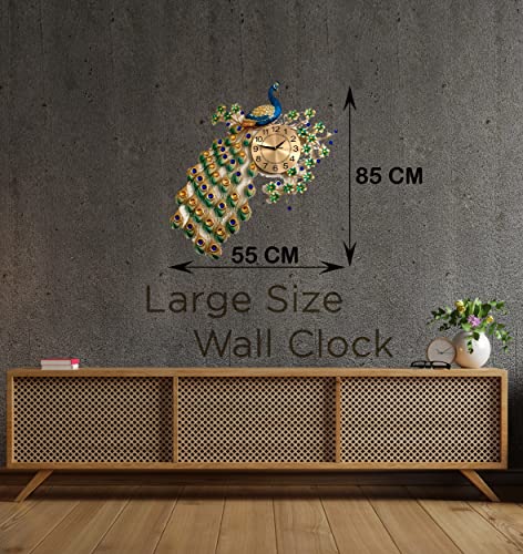 Image of Luxury Peacock Wall Clock Large 85X55 CM Fancy Modern Art Decor | Decorative WallClocks for Living Room Non-Ticking Silent-10 inch Metal Dial | Elegant Crystal Beautify Style | Peacock-Bird Branch