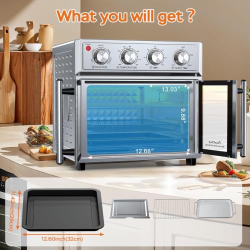 Image of PlumChef 27.5 Quart Extra Large 6 Slices Air Fryer Convection Toaster Oven, French Door, 1700W, Multifunction Oven for Air Fryer, Toast, Grill, Defrost, Bake (Stainless Steel)