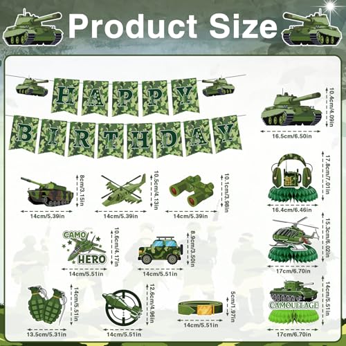 Image of Camo Birthday Party Decorations - 13PCS Army Party Decorations Set Military Themed Happy Birthday Banner Hanging Swirls Honeycomb Centerpieces Decor Supplies for Boys