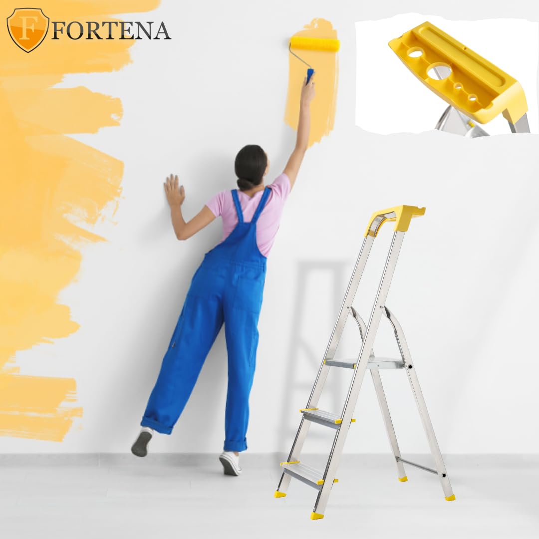 FORTENA Stehleiter Haushaltsleiter mit gelb Ablage Leiter Aluminium mit Regal 3 Stufen