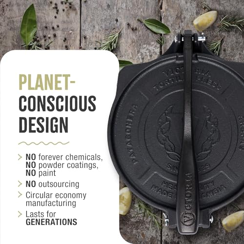 Image of Victoria 8-Inch Pre-Seasoned Cast Iron Tortilla Press | Heavy Duty Tortilla Maker for Tortillas, Rotis, Chapatis, Quesadillas | Commercial Grade Dough Press