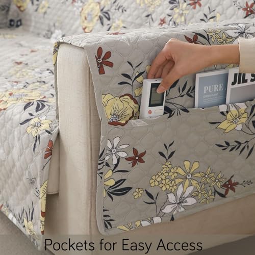 Image of HOKIPO 'VivaCasa Series' Polyester 2 Seater Quilted Sofa Cover with Pockets, Floral Ash Grey (NEW2-IN-739-D3)