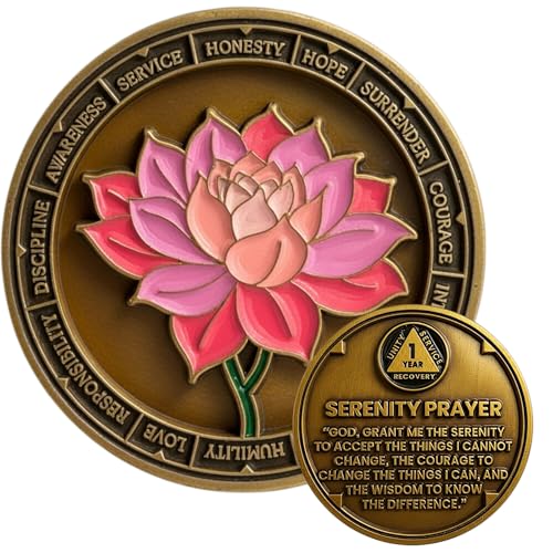 1 Year Lotus Sobriety Coin - Serenity Prayer AA Medallion Premium Recovery Token for Anniversaries Sponsor & Sponsee Gifts One Year Sober Milestone Chip for Women and Men