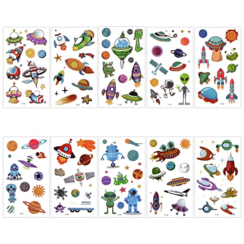 Xzeemo 10 Feuilles Tatouages Temporaires Enfants, Tatouage de Thème Espacer, Tatouages Ephémères Étanche, Fournitures de Fête d'Anniversaire d'Autocollants de Tatouage pour Enfants Garçon Fille Cover