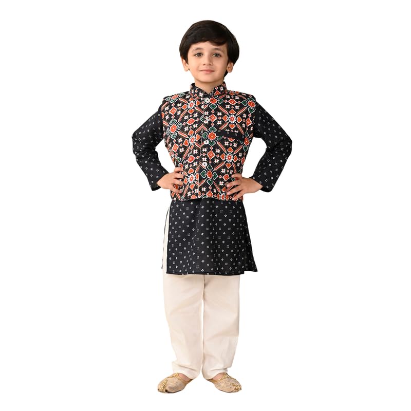 Image of superminis Boys Cotton Printed Full Sleeves Kurta With Ajrakh Printed Jacket and Pyjama Set