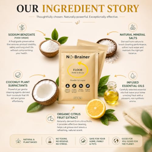 Image of No Brainer Floor Cleaner Value Pack, Plant-Based & Natural | Powder-to-Liquid, 5 Pouches Make 5 Litres, Citrus | For Marble, Tiles & Wooden Floors | Eco-Friendly, No Residue, Baby & Pet Safe