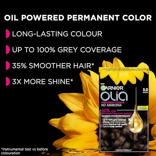 Garnier Olia Permanent Hair Dye, Up to 100% Grey Hair Coverage, No Ammonia, 60% Oils, 4.0 Dark Brown - Image 6