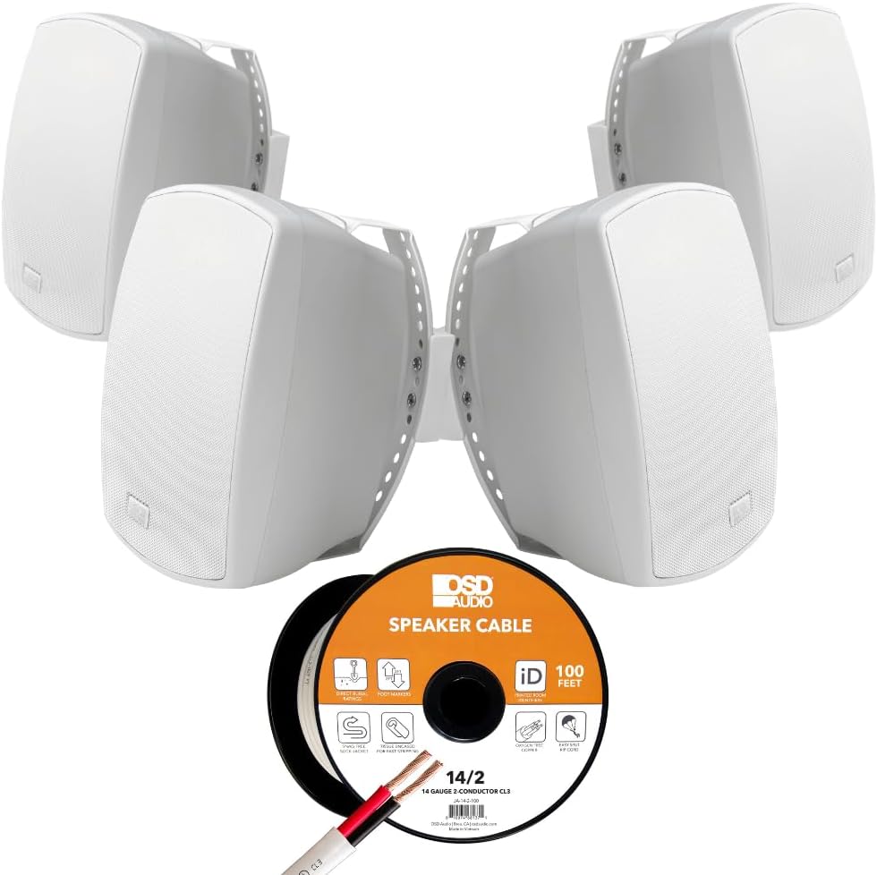 OSD Audio Outdoor 4 Speaker Audio Bundle, 4" White Patio Surface Mount Speaker +100ft 14 AWG CL3 Rated Speaker Wire, 70V and 8 Ohm Compatible for Home and Commercial Use