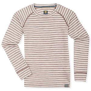 A long-sleeved brown and white striped shirt on a white background.