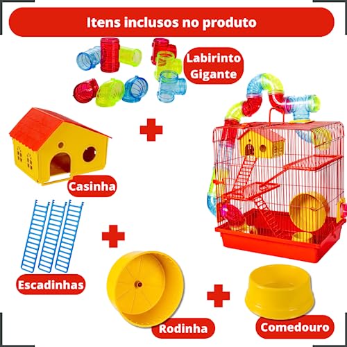 Gaiola Hamster Super Luxo Labirinto 3 Andares Vermelha
