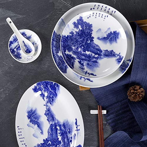 MMFXUE Juego de tazón y platillo de Porcelana Azul y Blanca de 56 Piezas Juego Combinado de Cena de cerámica de Porcelana con Platos de Postre/Platos de Sopa Cover